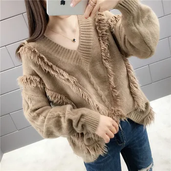

Lugentolo Women Sweater Autumn New V-neck Solid Color Long Sleeve Pullovers Casual 5 Color