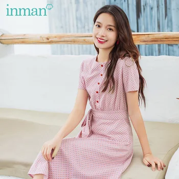 

INMAN Summer New Arrival Vintage Dot Bow Tie Waist Belt Holiday Style Dress