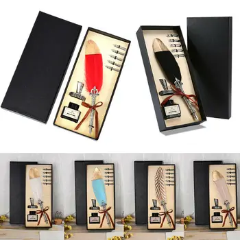 

Antique Feather Quill Dip Pen with Black Ink&5 Metal Nibs Set Stationery Gifts
