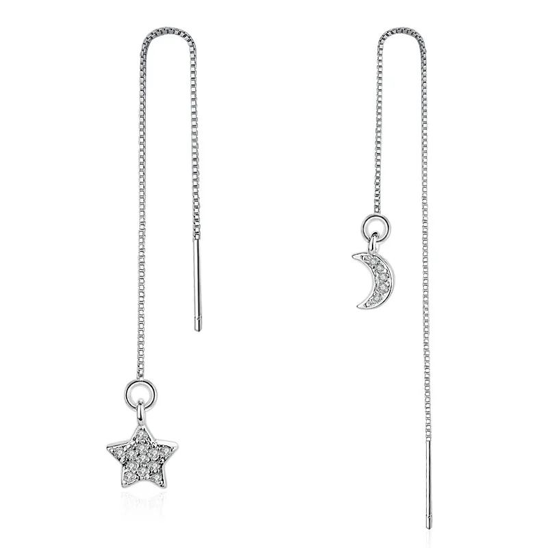 Chandler Silver Color Moon Star Earring Long Tassel Ear Line Earrings For Girls Triangle Bead Linear Chain Dangle Drop Bronics