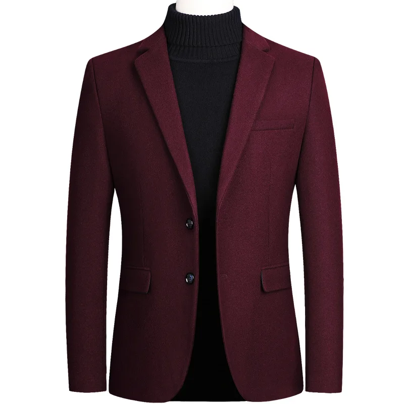 Модный толстый мужской пиджак, мужской шерстяной пиджак винно-красного цвета, зимнее шерстяное пальто с длинным рукавом, теплый деловой костюм большого размера 3xl 4xl