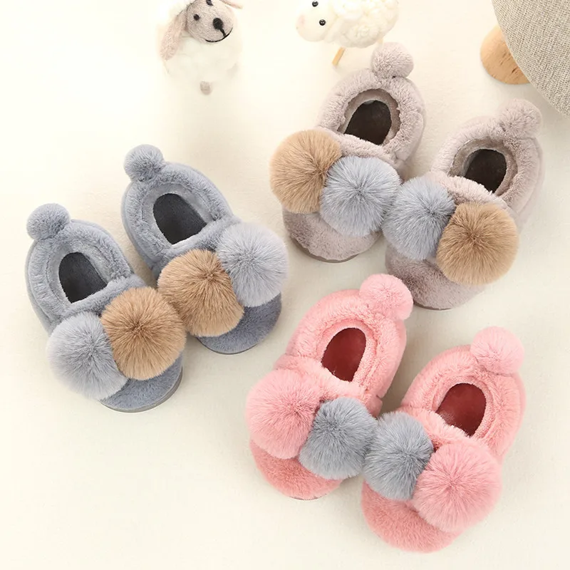 

Baby Boys Girls Toddler Slippers Pompom Mixed Colors Kids Slippers Winter Warm Non-slip Indoor Children House Slippers