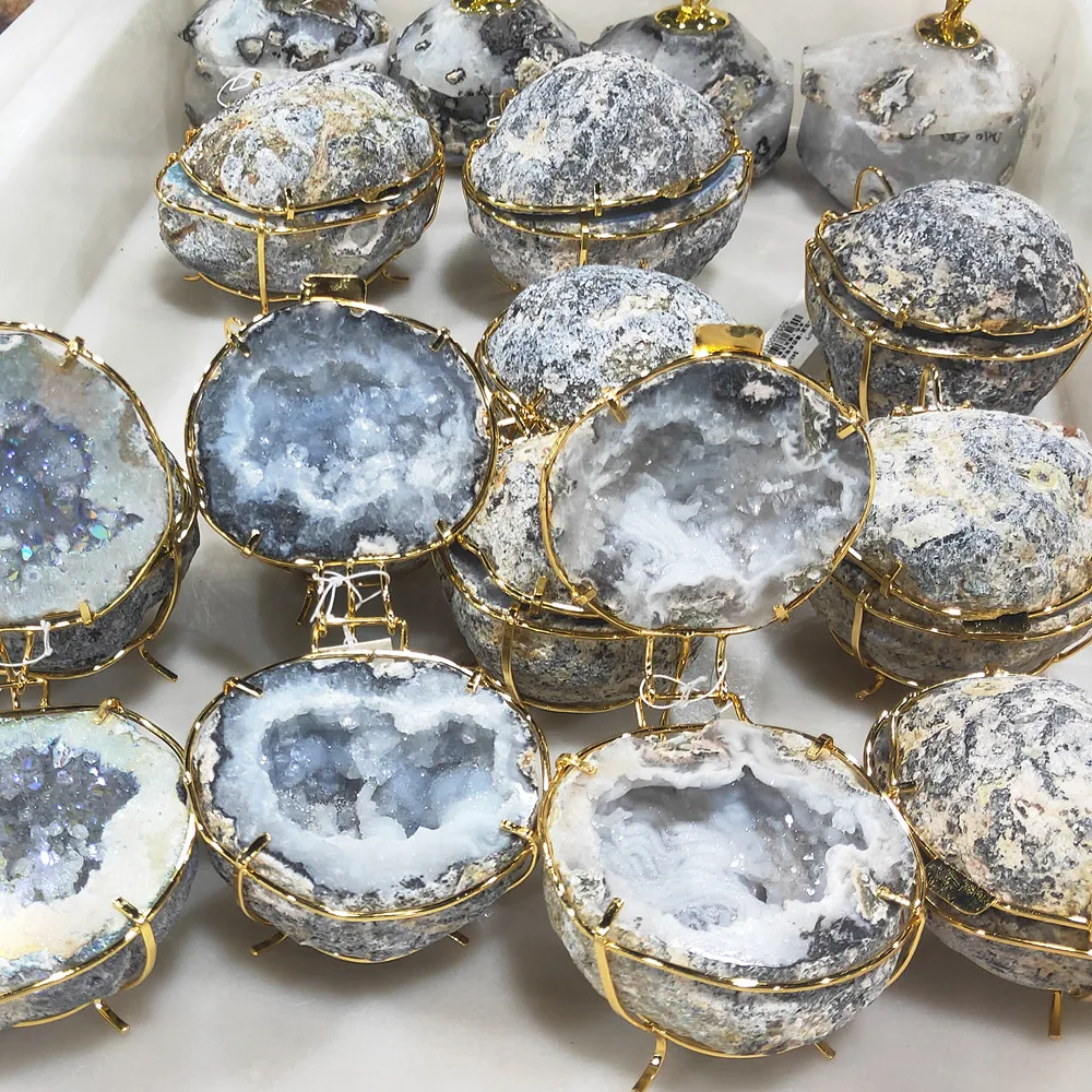 Natural Handmade Storage Agate Geode Necklace Rough Quartz Crystal Earring Rings Box Crystal Stone Women Jewelry Container 6