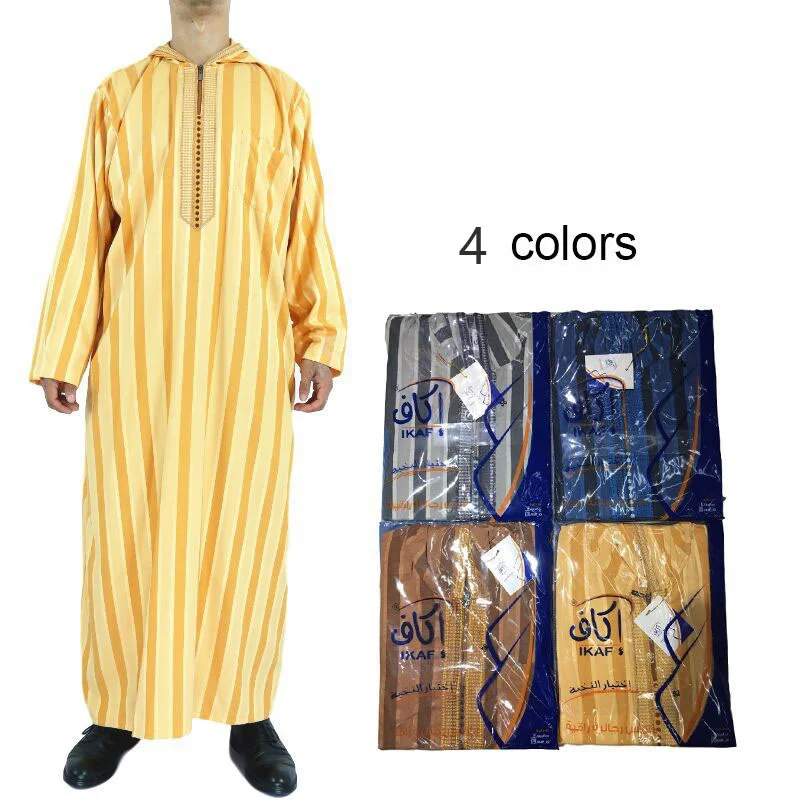 

New Qatar Muslim Moroccan Long Sleeve Hooded Design Islamic Men's Cotton And Linen Stripe Robe Arabic Kaftan Men Send Randamly