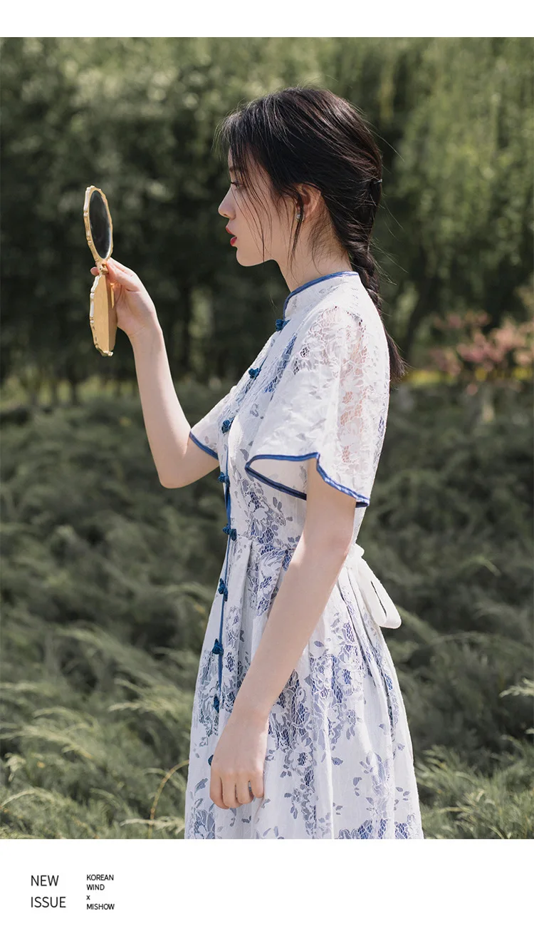 Летний Стиль Ретро китайский стиль синий и белый фарфор улучшенный Cheongsam Элегантность свежее кружевное Открытое платье