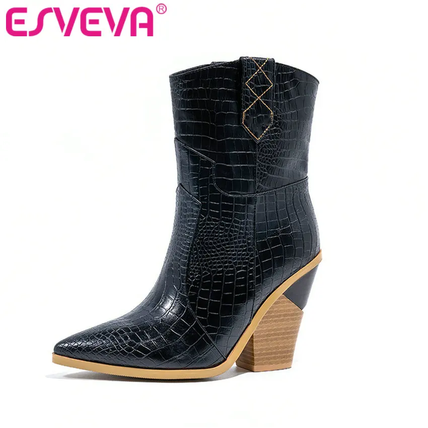 

ESVEVA 2020 Ankle Boots Women Shoes Winter Leather+PU Square High Heel Pointed Toe Short Ladies Motorcycle Boots Size 34-43