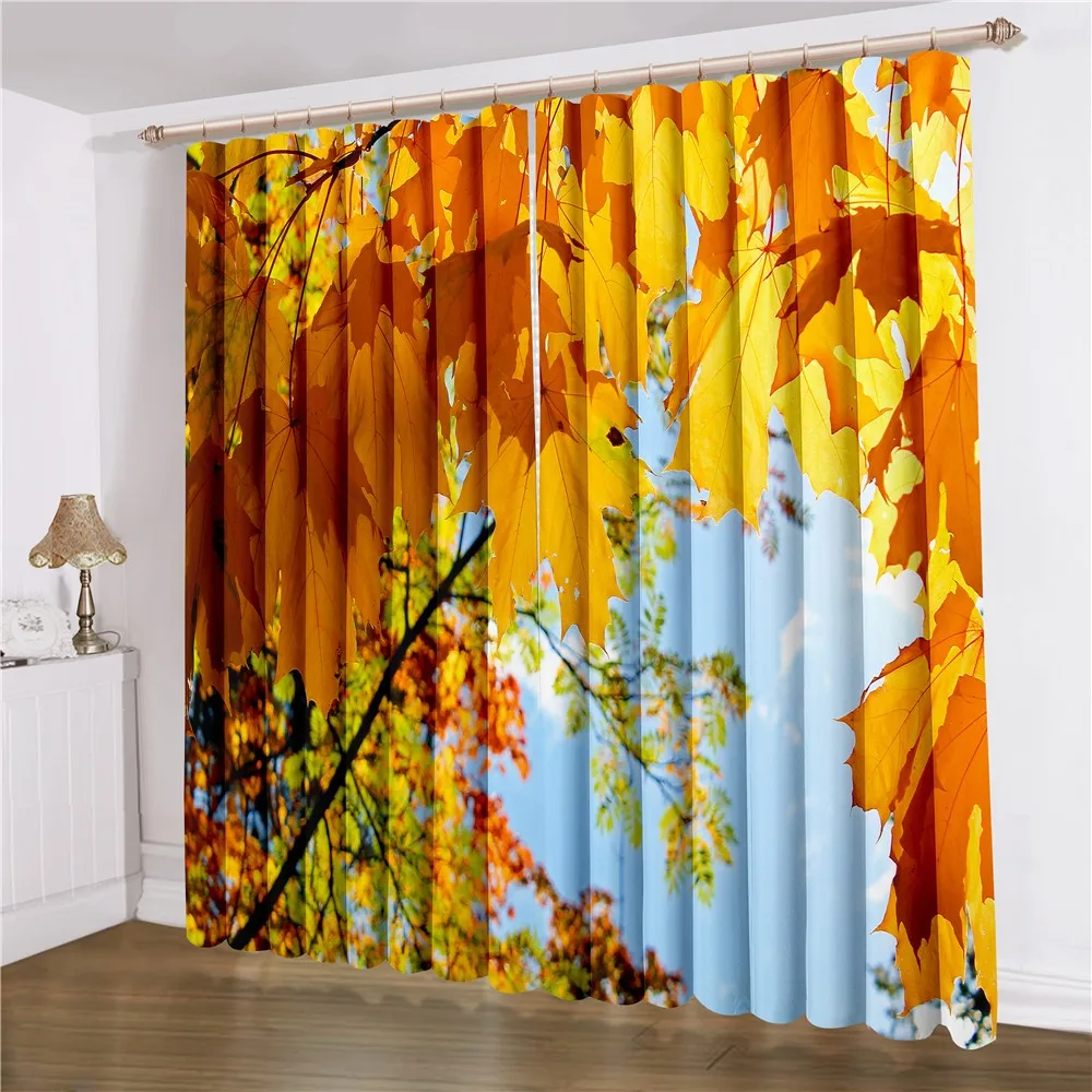 

3D Print Autumn Landscape Window Curtain 2 Panels Maple Leaf Window Drapes Home Gift Curatian For Bedroom Window Treatment
