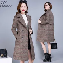 Зимняя женская шерстяная смесь, клетчатый Тренч длинное пальто, осенняя элегантная верхняя одежда, повседневный свободный толстый кардиган, женское кашемировое пальто