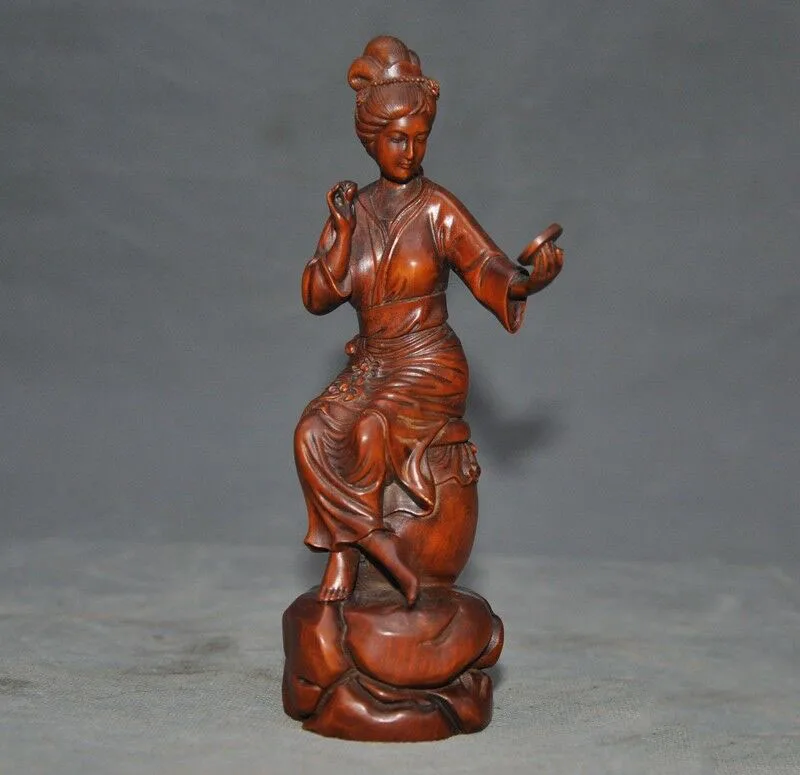 

wedding decoration 4" Chinese Boxwood wood Hand-carved Beautiful Woman Beauty Belle goddess Statue