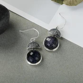 

Thai silver craft blue sand stone earrings female retro S925 silver Chinese style retro gem Earrings accessories