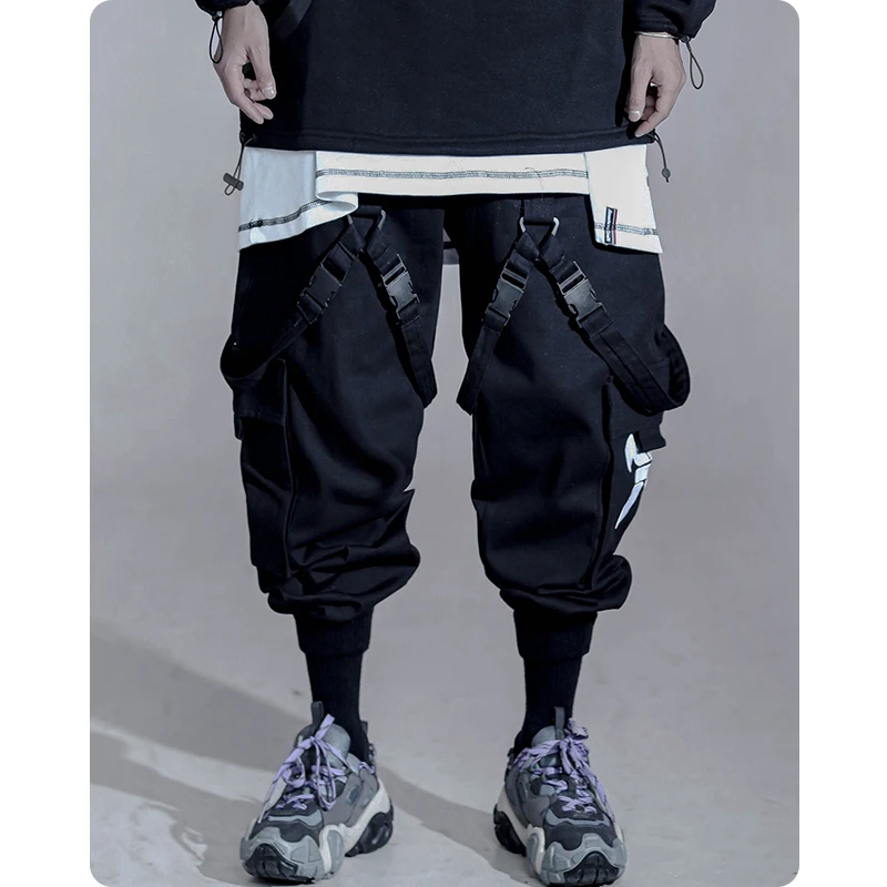 Men's clothes Multi war zone functional wind legged pants large pocket casual Ribbon Harajuku fashion Overalls Street dress 4