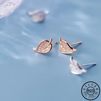 

925 Sterling Silver Small Cubic Zirconia Leaf Shape Rose Gold Color Plated Ear Studs Earrings Jewelry Gifts for Women Girls
