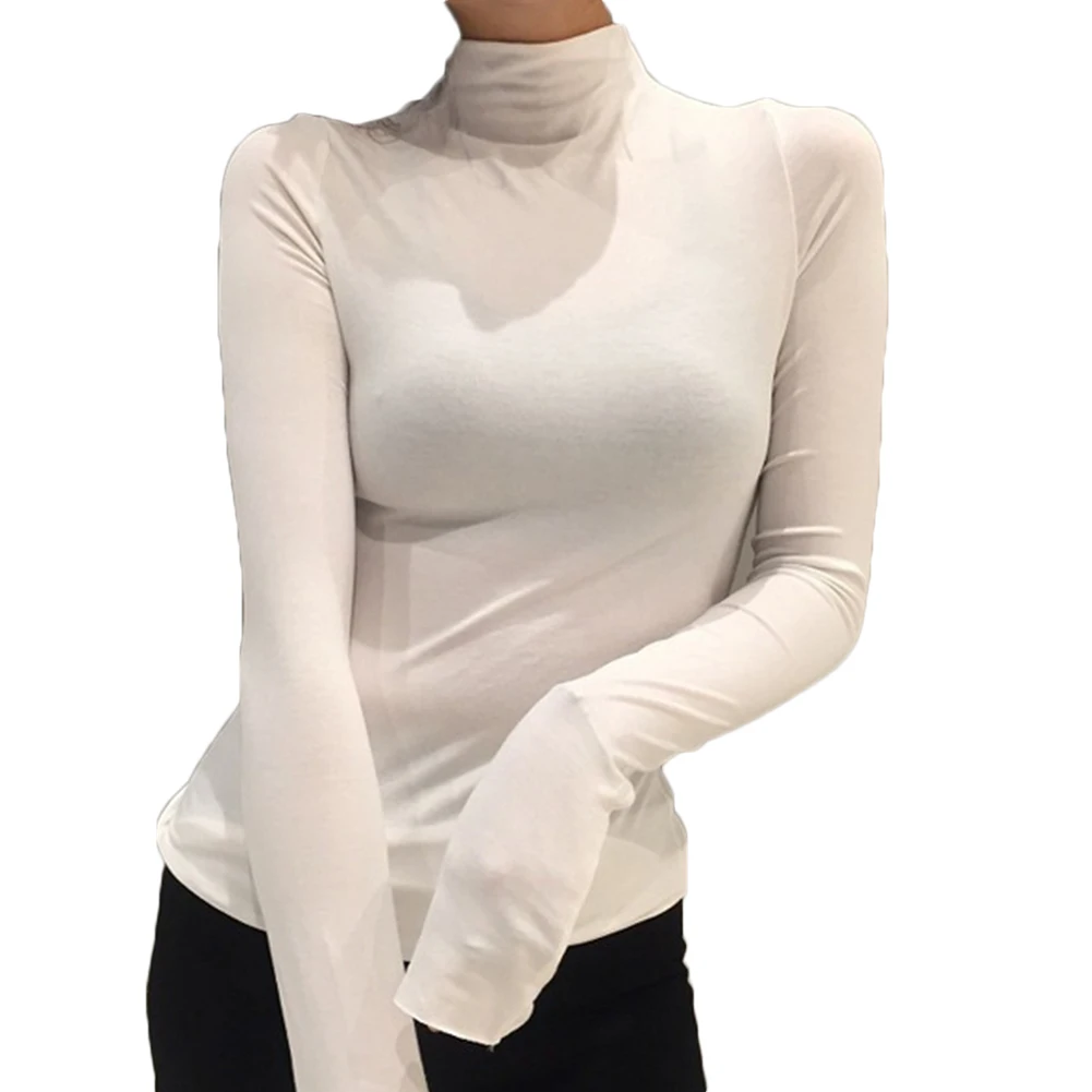 Sexy Top Women Shirts Casual Solid Color Base Shirt Long Sleeve Turtle Neck Slim Top Black White All-match Simple T Shirt best t shirts for men