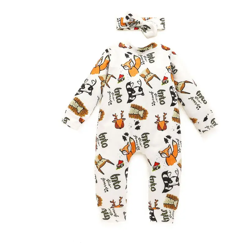 Cotton Baby Cartoon Print Jumpsuit Romper Hair Band Two Piece Boys Girls Cartoon Animal Print Spring And Autumn s