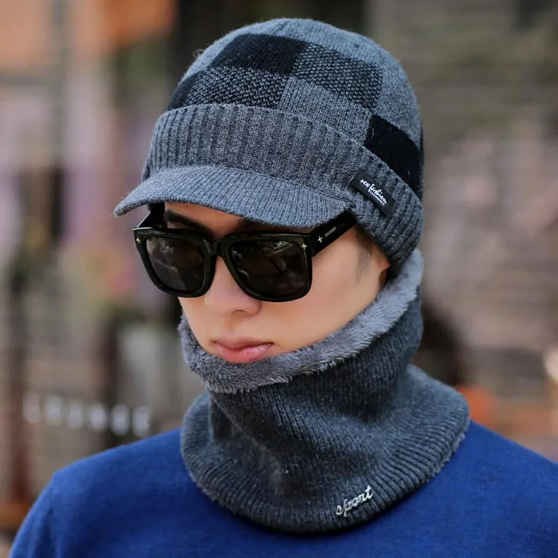 Мужской толстый полосатый зимний шарф вязаная шапка(комплект) шапочки мужские двухслойные добавить теплый бархат Skullies наборы шарфов - Цвет: gray