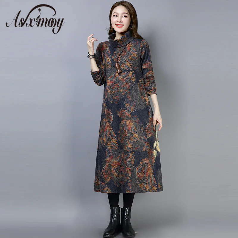 

2019 Women Dress Plus Size Vintage Print Maxi Long Dresses For Women Elegant Turtleneck Wool Thick Warm Winter Dress Robe Femme
