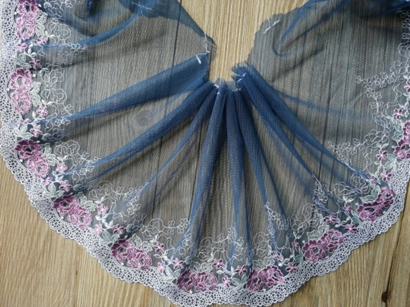 

18Yards Dark Blue Pink Floral Embroidered Lace Trim Mesh Tulle Lingerie Underwear Clothes Bra Dress Decor Sewing Flower Fabric