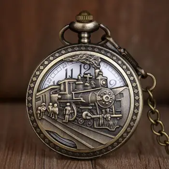 

New Skeleton Pocket Watch Men Women Fashion Quartz Pocket Watches Bronze Train Design Stainless Steel Pocket Watches With Chain