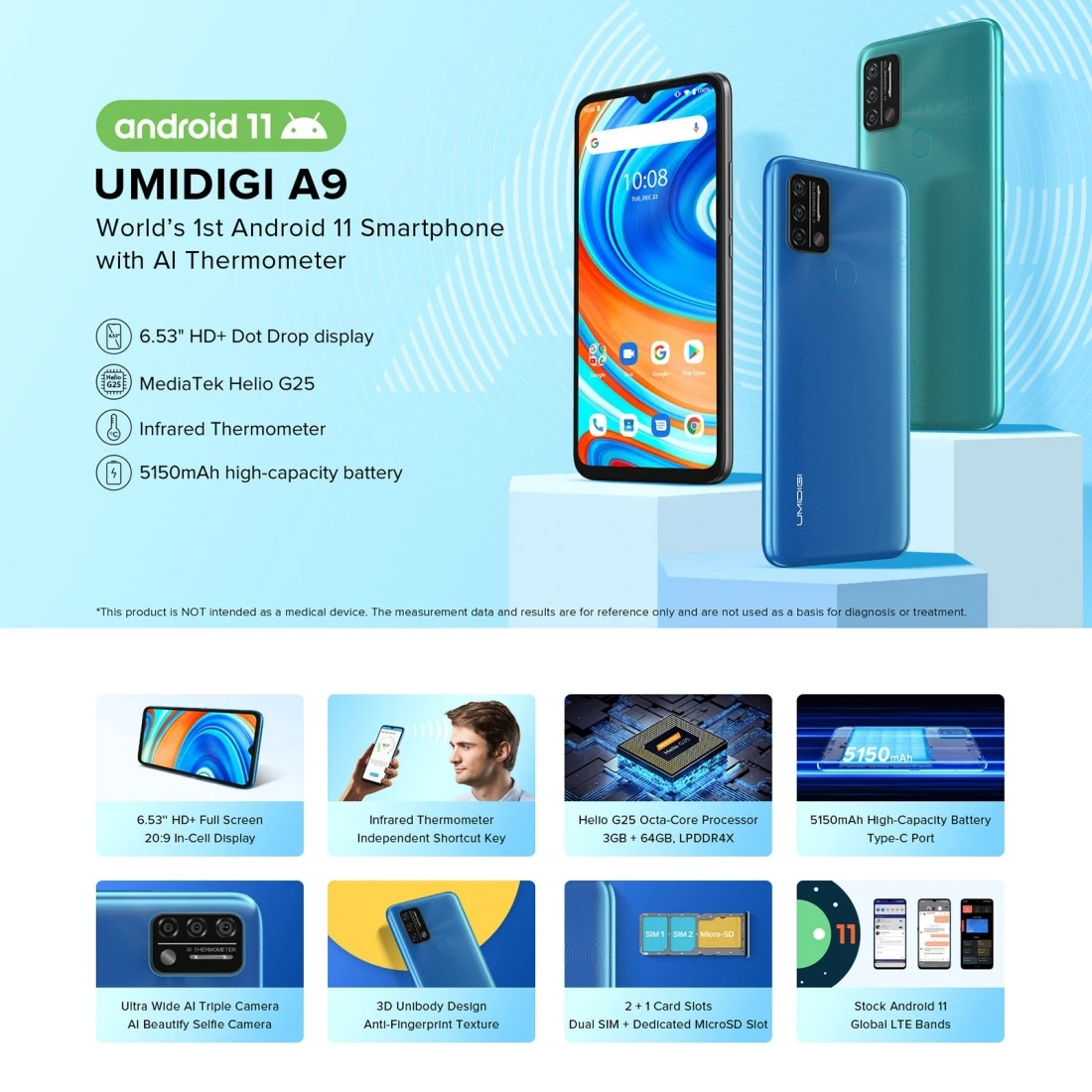 poco best smartphone UMIDIGI A9 Android 11 Global Version 4G Mobile Phone 6.53'' 3GB 64GB Octa Core 13MP Triple Camera 5150mA Face Unlock Smartphone umidigi latest phone