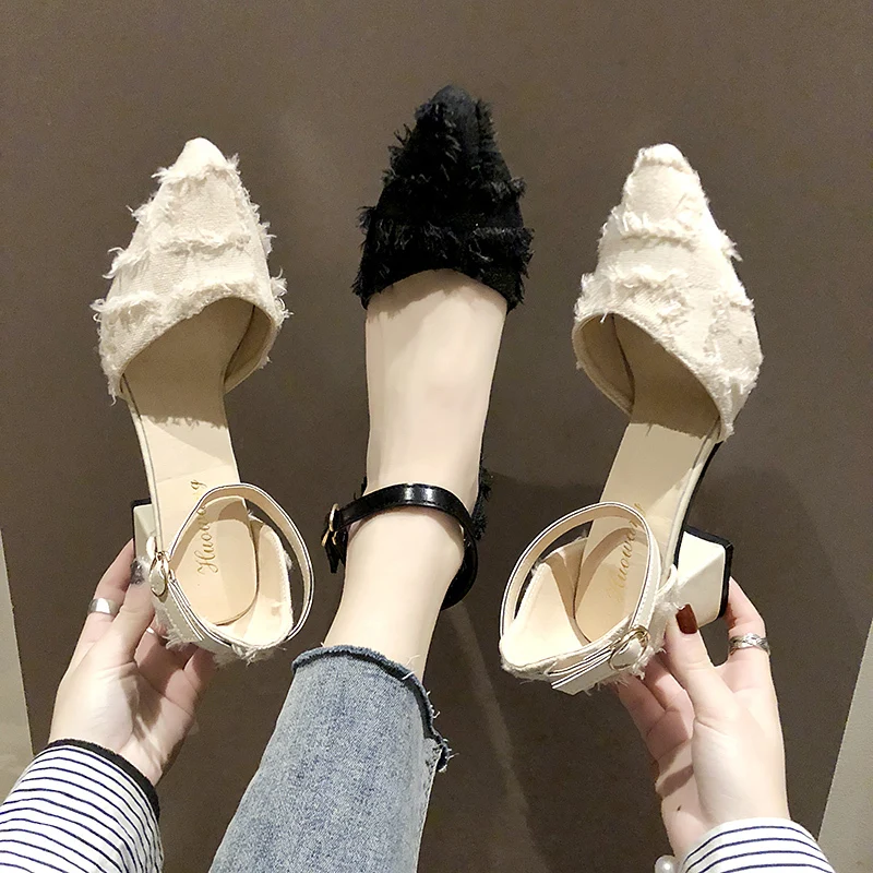 

2020 Summer Women Fashion High Heel Shoes Comfortable Flock Buckle Footwear Women Pumps Female Sandals Party Wedding Shoes