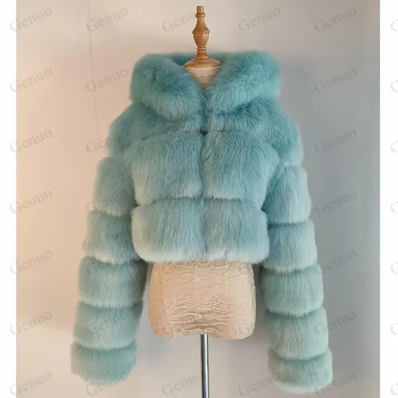 High Quality Cropped Fur Faux Fur Coats And Jackets Women Fluffy Top Coat With Hood Winter Fur Jacket Coat Female 2020 New