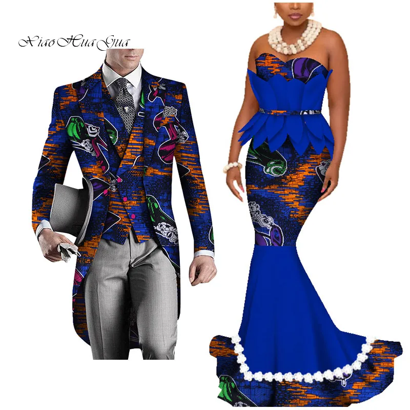 Dashiki African Couple Clothing Women's Dress+Men's Blazer&Vest 3 Pieces Set African Mermaid Print Dresses for Couples WYQ425