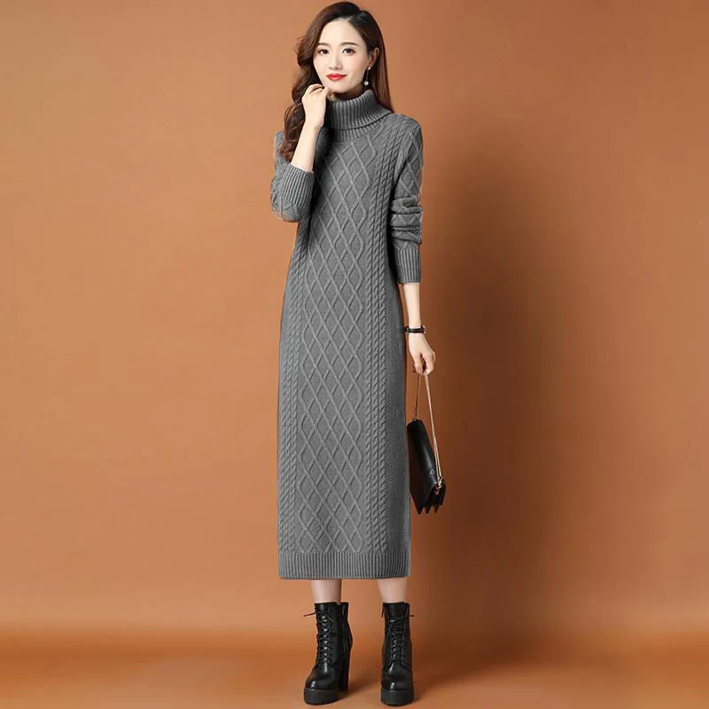 red sweater High-necked Long Sweater Women's Thick Autumn Winter Loose Outwear Twist Base Dresses Knitted Dress Women Turtle Neck Pullover christmas sweaters