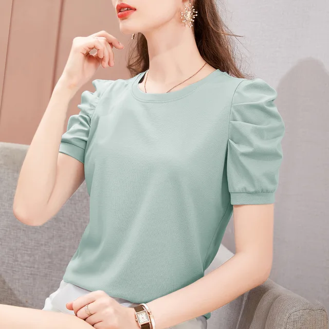 Puff Sleeve T Shirt Women Short Sleeve T-shirt Cotton 2021 Summer Tops Short Sleeve Woman Clothes Womens Korean Tee Shirt Femme Green