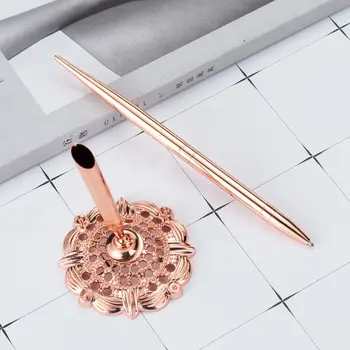 

Retro Metal Ballpoint Pen Attached Base Stand Desk Office Counter Wedding Guest Sign Signature Pens Stationery School Supply C26