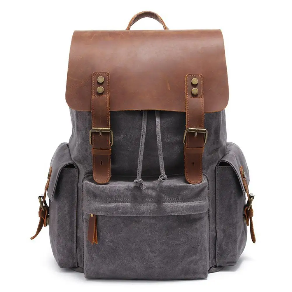 

1 Pcs Men Waterproof Canvas Leather Double Shoulder Backpack Travelling Bag Cotton Lining Harness With Large Capacity Backpack