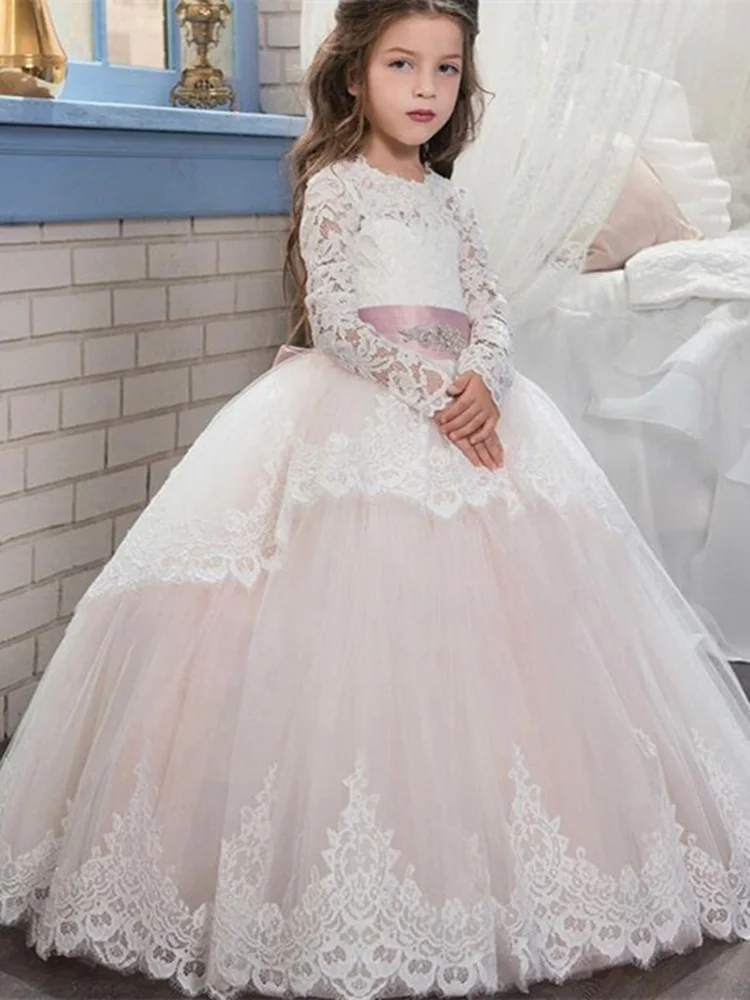 

Lace Ball Gown Flower Girl Dresses Long Sleeve Girl Princess Dress Illusion Girl Wedding Party Dress