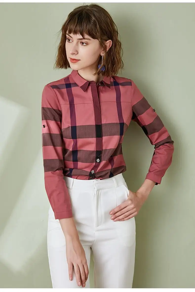 algodão moda topo turquesa xadrez camisa feminina