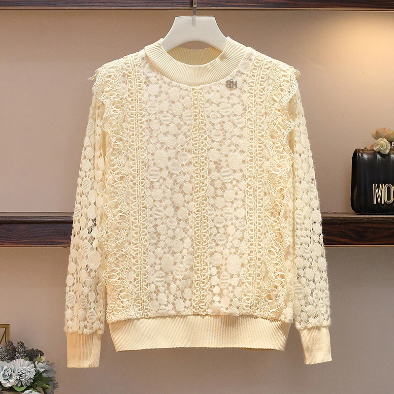 apricot XL-5XL, большие размеры, Женская Кружевная блуза с вязаными вставками, осень, модная Лоскутная Блузка с оборками и длинным рукавом, элегантные женские топы - Цвет: apricot