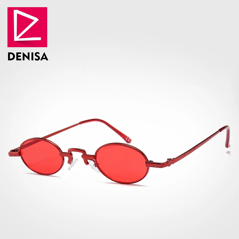 DENISA винтажные маленькие Овальные Солнцезащитные очки женские люксовый бренд черная оправа прозрачные солнцезащитные очки с металлической оправой красные очки ретро G22020 - Цвет линз: Red Sunglasses