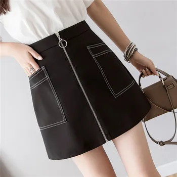 

Ailegogo New Spring Women Office Lady Solid Color High Waist Mini Skirt Casual Female Zipper Black White Short Skirts