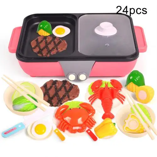 Pink 24pcs Для игрушечной кухни игровой набор горшков для горячей пищи плита палочки для еды Чаша инструмент развития игрушка поезд использование палочек для еды и познание обучения - Цвет: Pink 24pcs