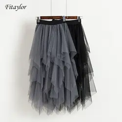 Fitaylor Тюлевая юбка Женская высокая талия сетчатая юбка подол Асимметричная плиссированная юбка миди Женская тонкая черная Повседневная
