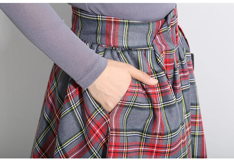 Осенняя зимняя одежда Женская Асимметричная большая свободная юбка до середины икры Корейская элегантная клетчатая Высокая Повседневный