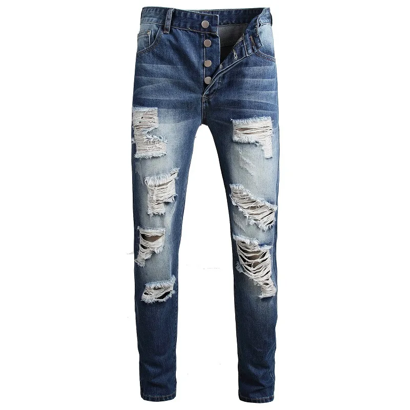 Homme в стиле «хип-хоп» джинсы Мужская модная уличная одежда Для мужчин джинсы Винтаж синий, серый Цвет облегающие, рваные Рваные джинсы