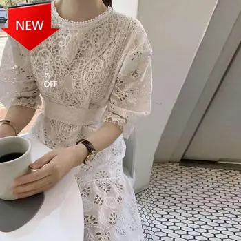 

O-neck Half sleeve Hook flower hollow Patchwork Loose Black Lace Dress 2020 Summer Fall New White Lace Dress Women 's Elegant
