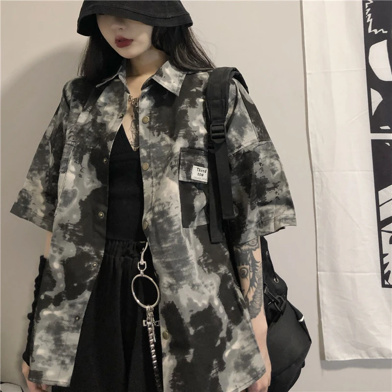 

2020 Spring Net Red Women Shirt Harajuku Ins Tide Retro Loose Tie-dye Tops Japanese Street Tooling Short Sleeve Shirt Female