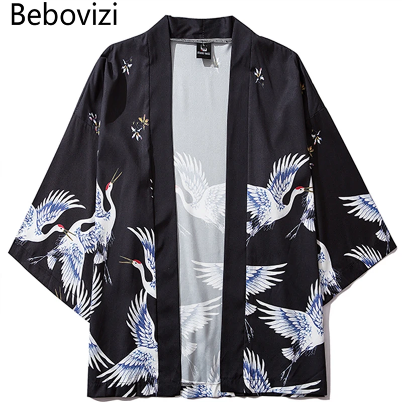 Japanese Style Crane Kimono Men Women With Belt Tokyo Streetwear Haori ...