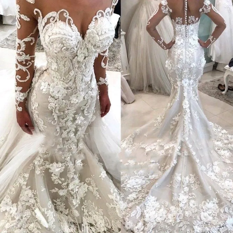 

Wedding Dresses 2020 Mermaid Arabic Dubai Full Lace Long Sleeve Floor Length White Tulle Plus Size Bridal Gowns For Women