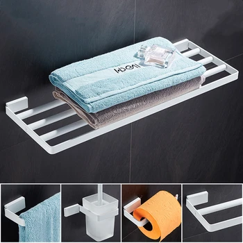 

Simple 304 Stainless Steel Bathroom Hardware Set White Toilet Paper Frame Shower Glass Shelf Bathroom Accessories Set