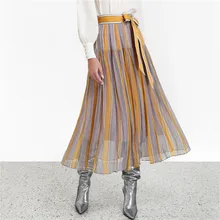 Летние Плиссированные Миди шифоновые юбки с высокой талией, Повседневная Полосатая юбка до середины икры, уличная