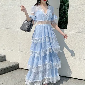 

Summer Runway Women Sexy V-Neck Lace Ruffles White Layered Dress Vestidos Mujer Flare Sleeve Holiday Party Beach Long Dresses