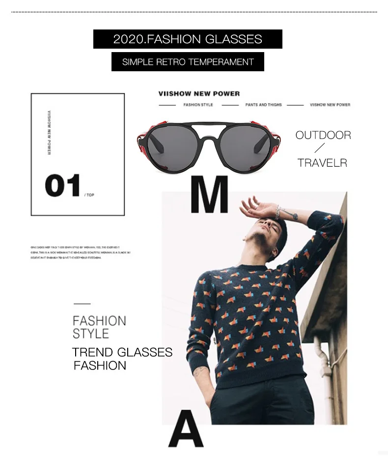 Круглые Солнцезащитные очки из искусственной кожи в оправе для мужчин, новинка, брендовые черные и красные солнцезащитные очки в стиле панк, мужские винтажные очки в стиле стимпанк