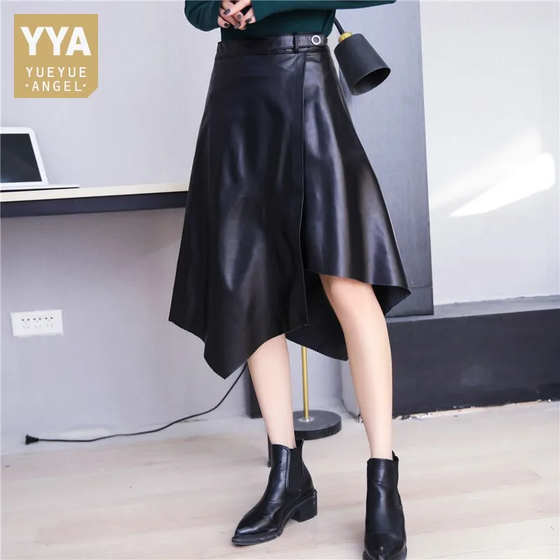 

Spring New Women Asymmetrical Mini Skirt High Waist Genuine Leather SKirts Ladies Casual Slim Fit A Line Sheepskin Vintage Skirt