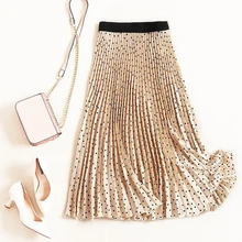 Осень, Женская Длинная Элегантная плиссированная юбка макси с принтом в горошек, миди юбка с высокой талией, Повседневные Вечерние юбки в винтажном стиле, D30