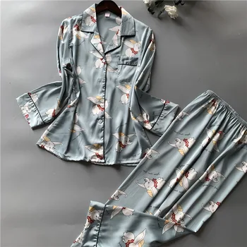 

2020 Pajamas Female Simulation Silk Women's Home Clothes Printed Long Sleeve Trousers Suit Ice Silk Pajamas Thin